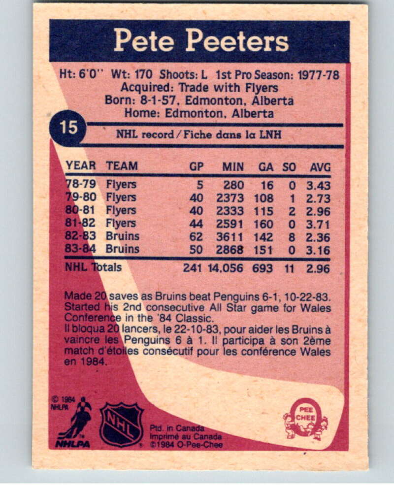 1984-85 O-Pee-Chee #15 Pete Peeters  Boston Bruins  V63781 Image 2