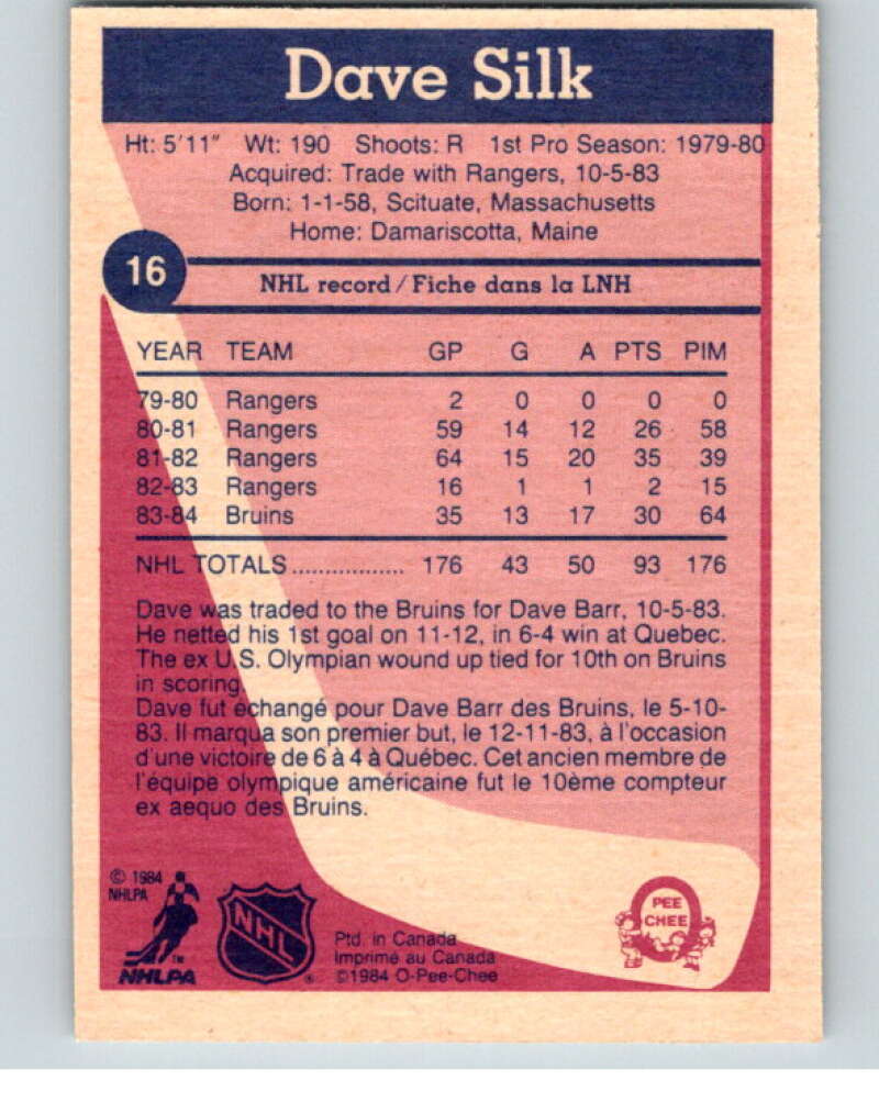 1984-85 O-Pee-Chee #16 Dave Silk  RC Rookie Boston Bruins  V63782 Image 2