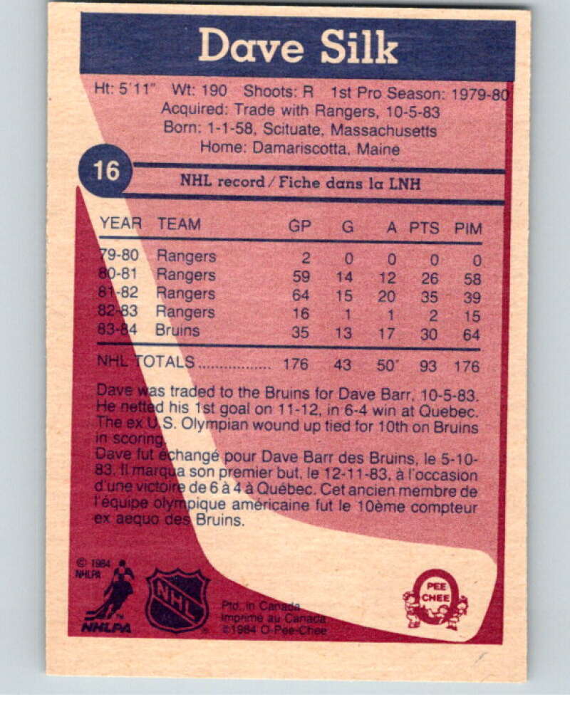 1984-85 O-Pee-Chee #16 Dave Silk  RC Rookie Boston Bruins  V63783 Image 2