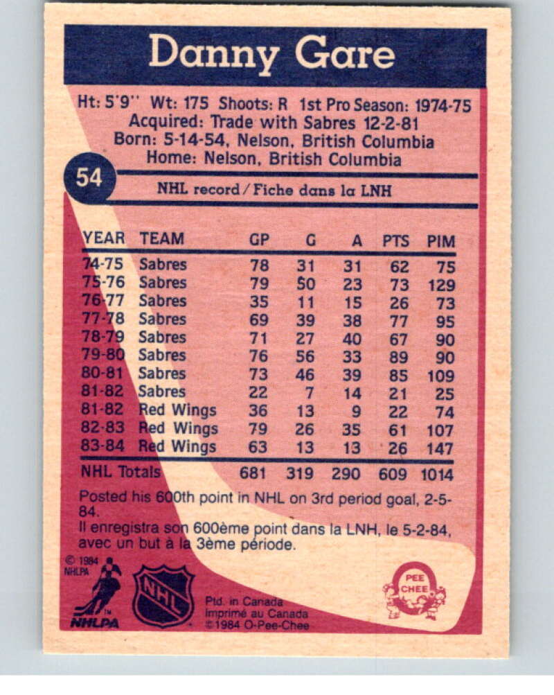 1984-85 O-Pee-Chee #54 Danny Gare  Detroit Red Wings  V63894 Image 2