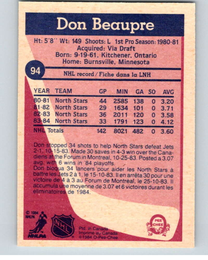 1984-85 O-Pee-Chee #94 Don Beaupre  Minnesota North Stars  V63994 Image 2