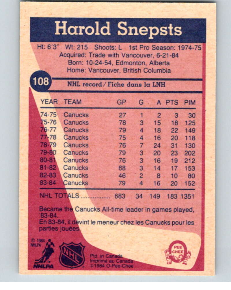 1984-85 O-Pee-Chee #108 Harold Snepsts  Minnesota North Stars  V64034 Image 2