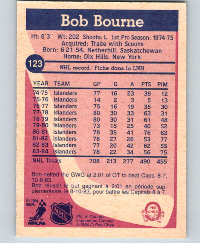 1984-85 O-Pee-Chee #123 Bob Bourne  New York Islanders  V64080 Image 2