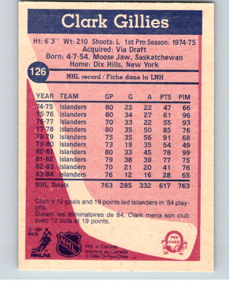 1984-85 O-Pee-Chee #126 Clark Gillies  New York Islanders  V64087 Image 2