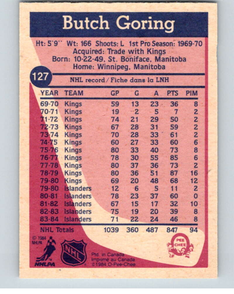 1984-85 O-Pee-Chee #127 Butch Goring  New York Islanders  V64094 Image 2
