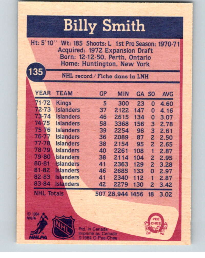 1984-85 O-Pee-Chee #135 Billy Smith  New York Islanders  V64114 Image 2