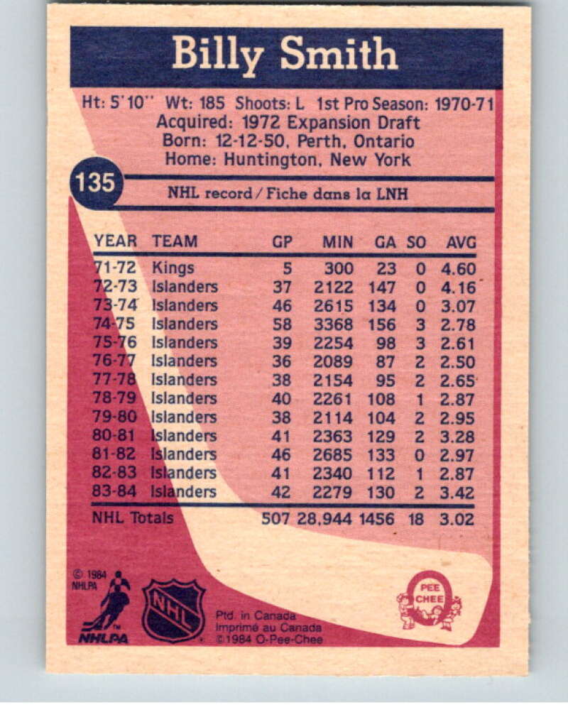 1984-85 O-Pee-Chee #135 Billy Smith  New York Islanders  V64116 Image 2