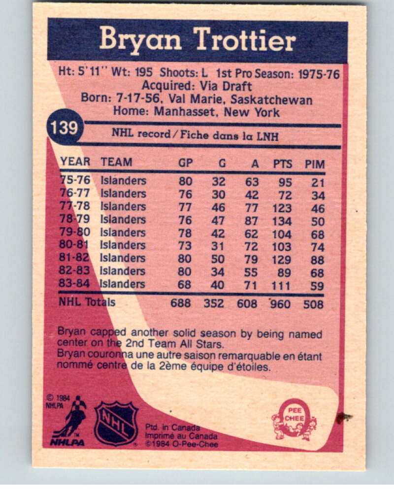 1984-85 O-Pee-Chee #139 Bryan Trottier  New York Islanders  V64125 Image 2