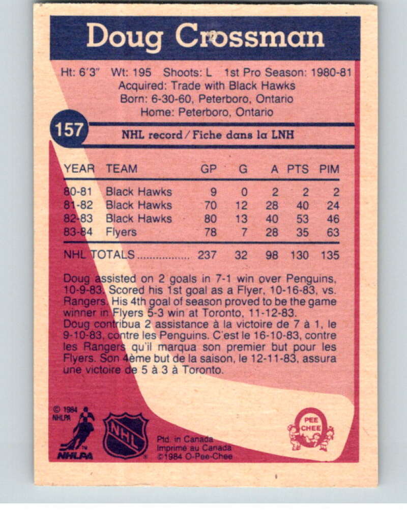 1984-85 O-Pee-Chee #157 Doug Crossman  Philadelphia Flyers  V64171 Image 2