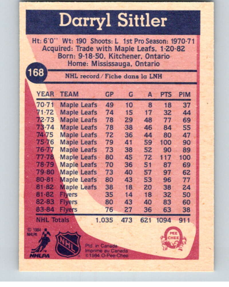 1984-85 O-Pee-Chee #168 Darryl Sittler  Philadelphia Flyers  V64195 Image 2