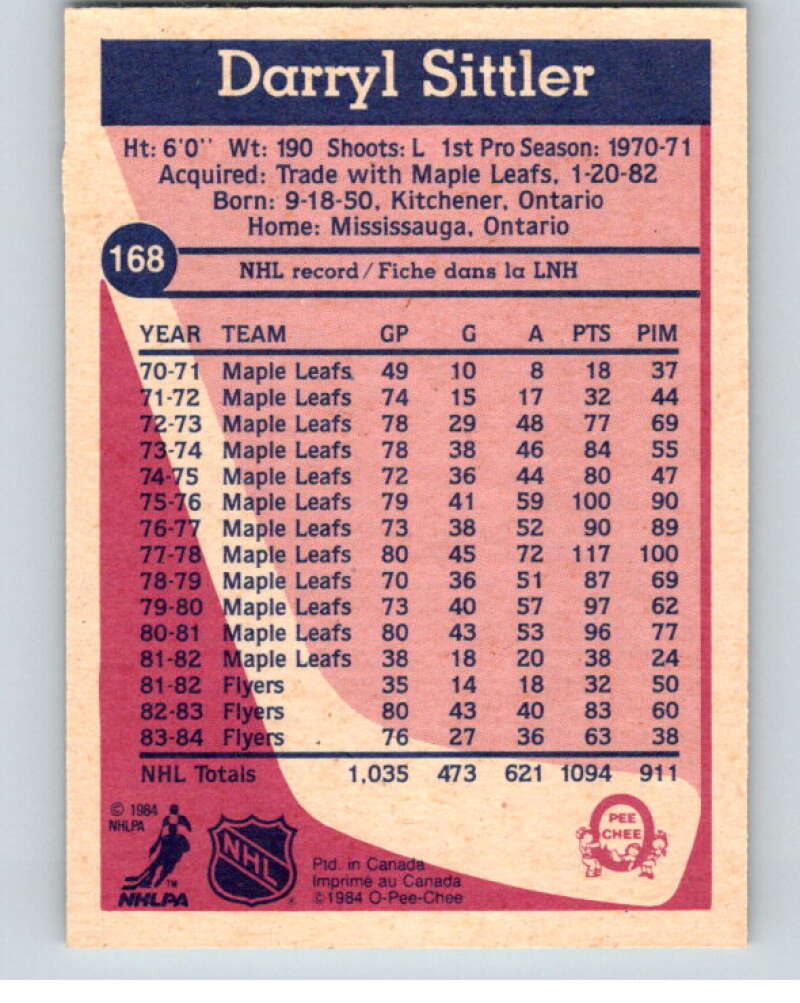 1984-85 O-Pee-Chee #168 Darryl Sittler  Philadelphia Flyers  V64200 Image 2