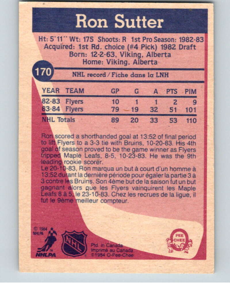 1984-85 O-Pee-Chee #170 Ron Sutter  RC Rookie Philadelphia Flyers  V64203 Image 2