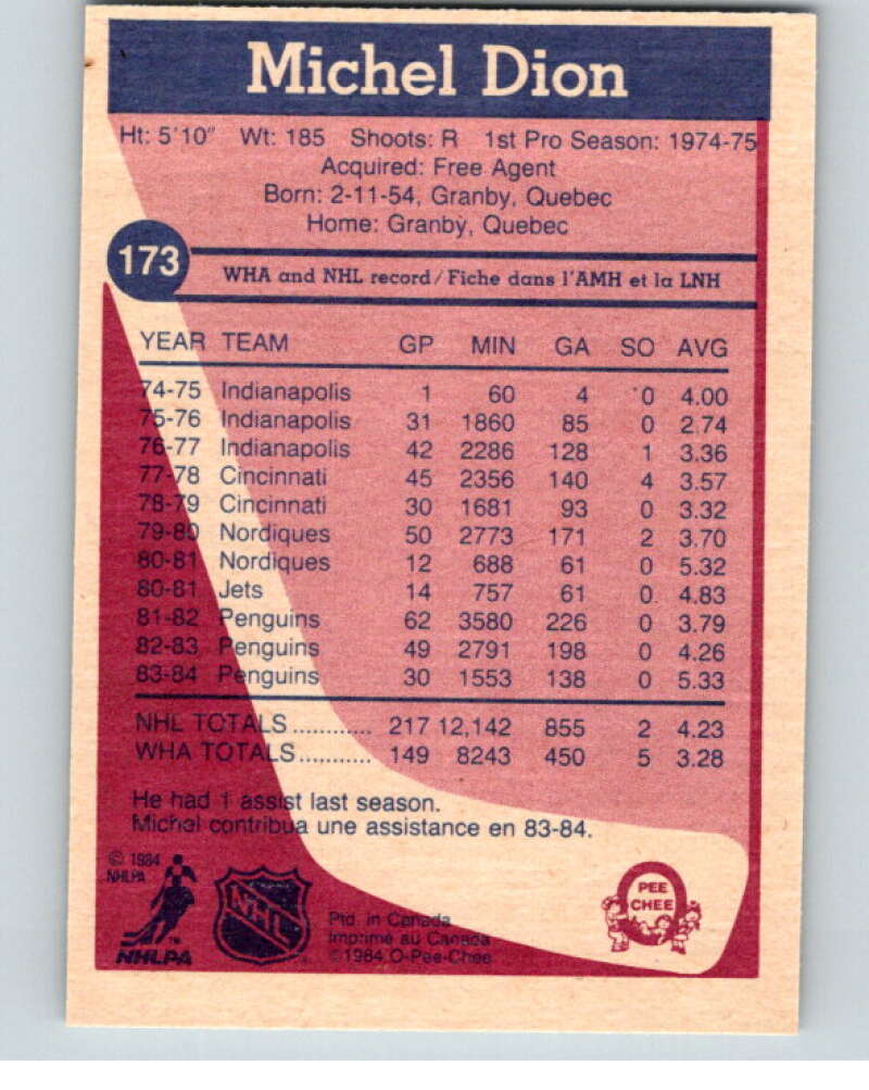 1984-85 O-Pee-Chee #173 Michel Dion  Pittsburgh Penguins  V64212 Image 2