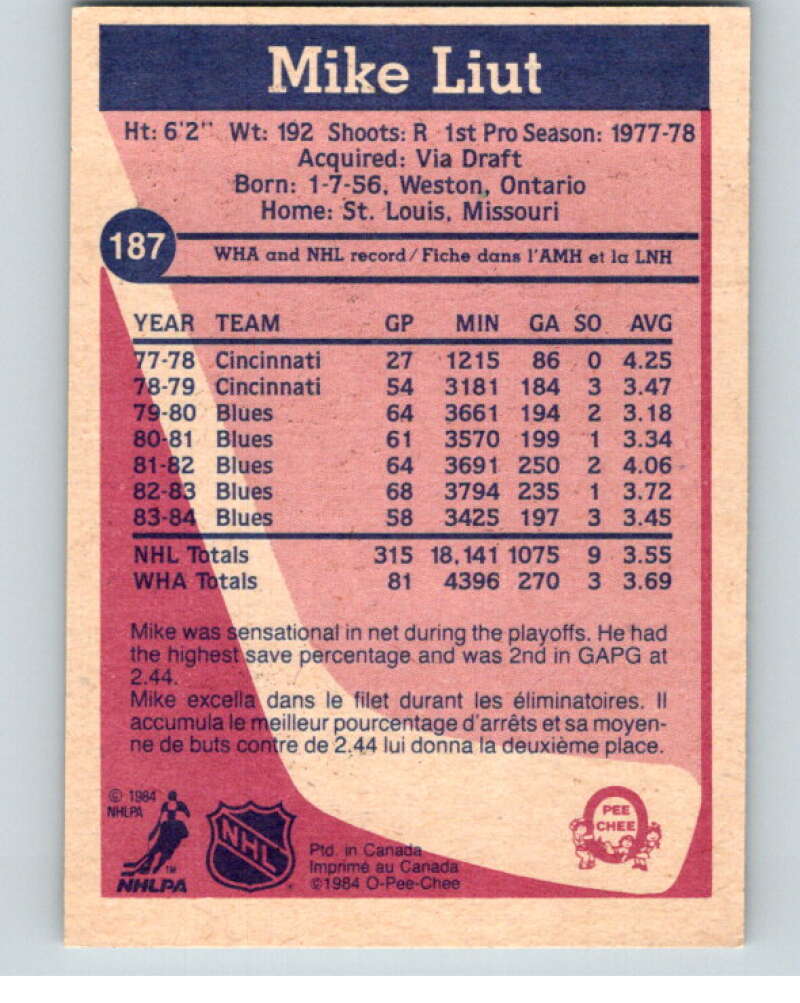 1984-85 O-Pee-Chee #187 Mike Liut  St. Louis Blues  V64240 Image 2