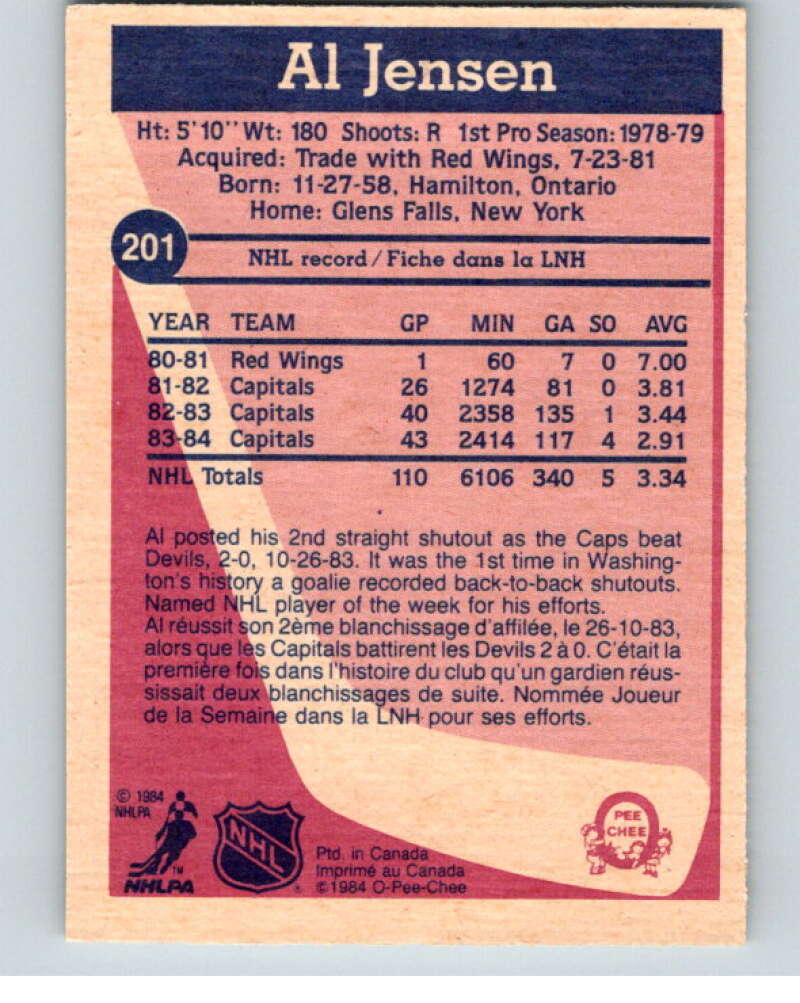 1984-85 O-Pee-Chee #201 Al Jensen  Washington Capitals  V64278 Image 2