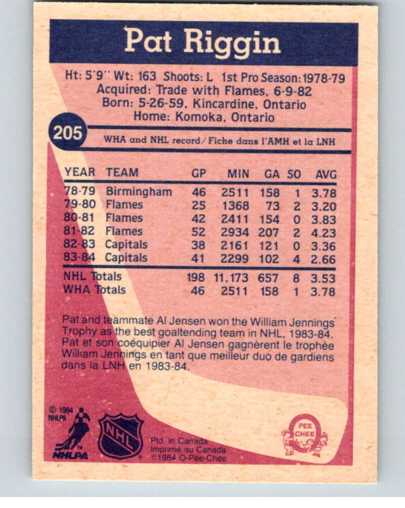 1984-85 O-Pee-Chee #205 Pat Riggin  Washington Capitals  V64287 Image 2