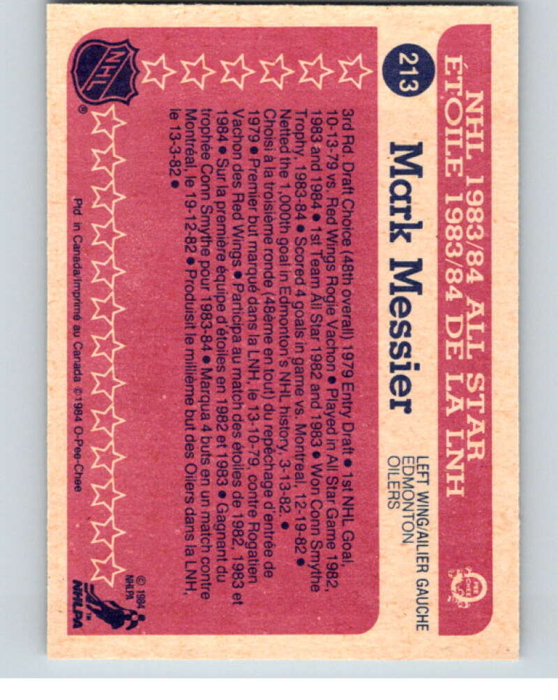 1984-85 O-Pee-Chee #213 Mark Messier AS  Edmonton Oilers  V64307 Image 2