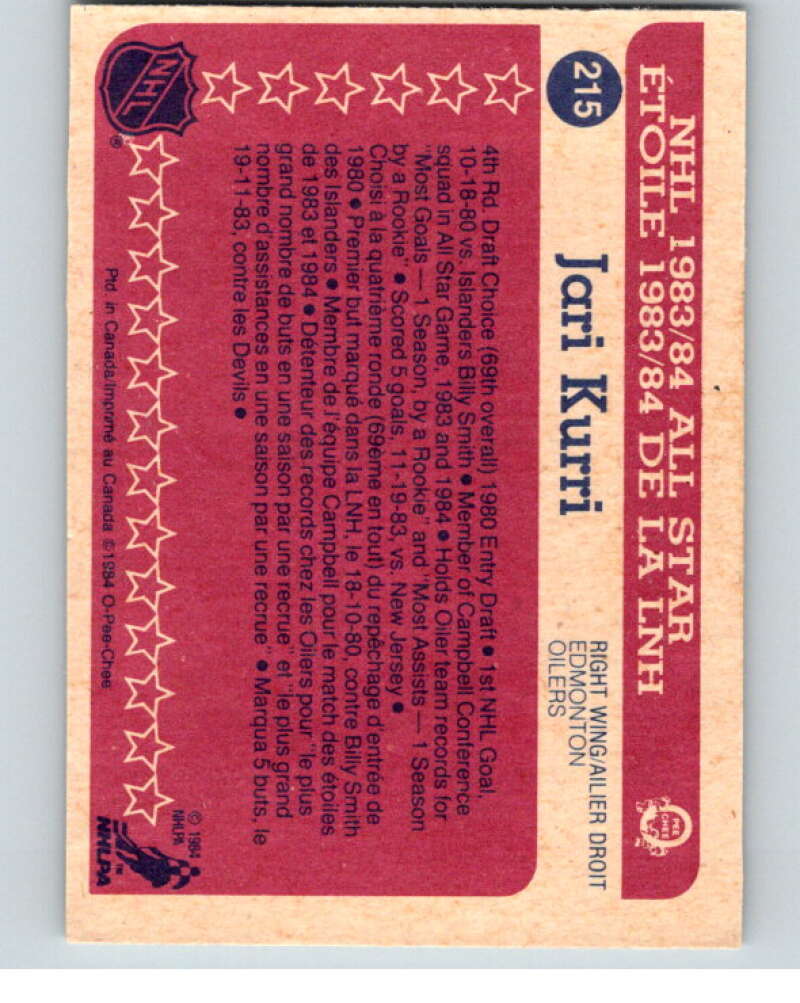 1984-85 O-Pee-Chee #215 Jari Kurri AS  Edmonton Oilers  V64311 Image 2