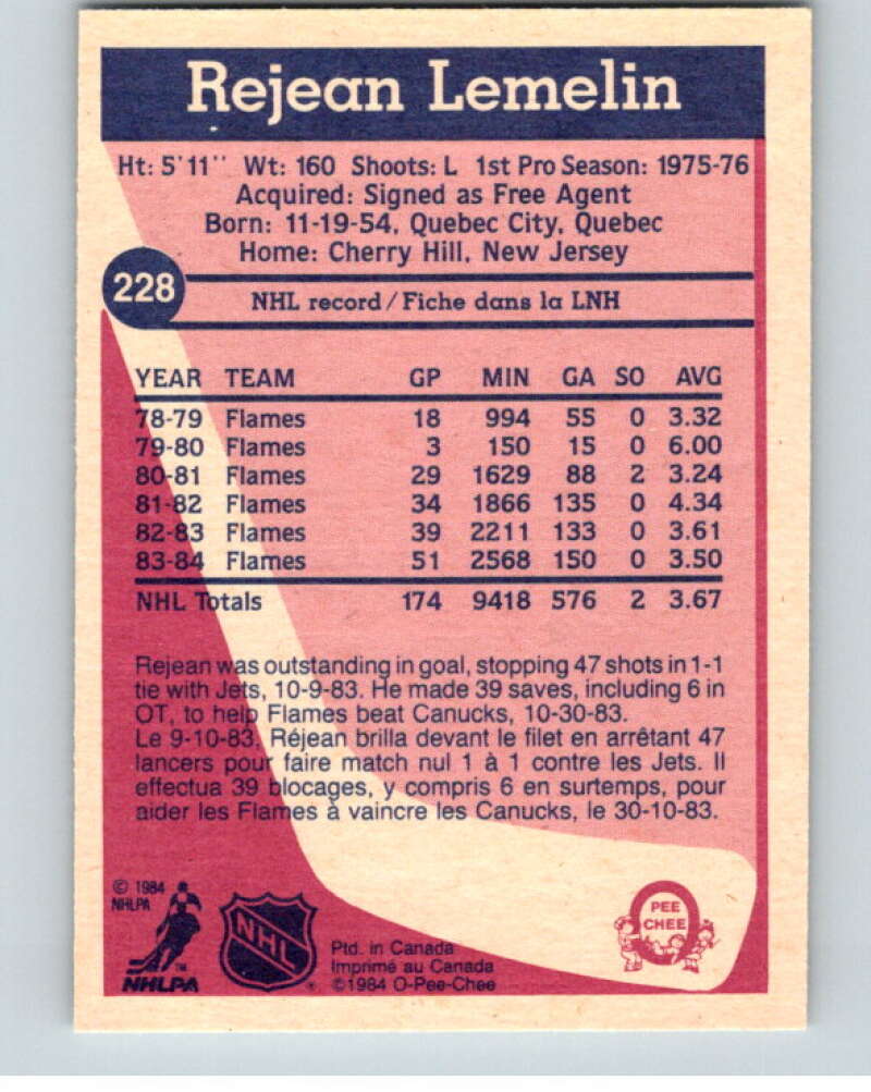 1984-85 O-Pee-Chee #228 Reggie Lemelin  Calgary Flames  V64343 Image 2