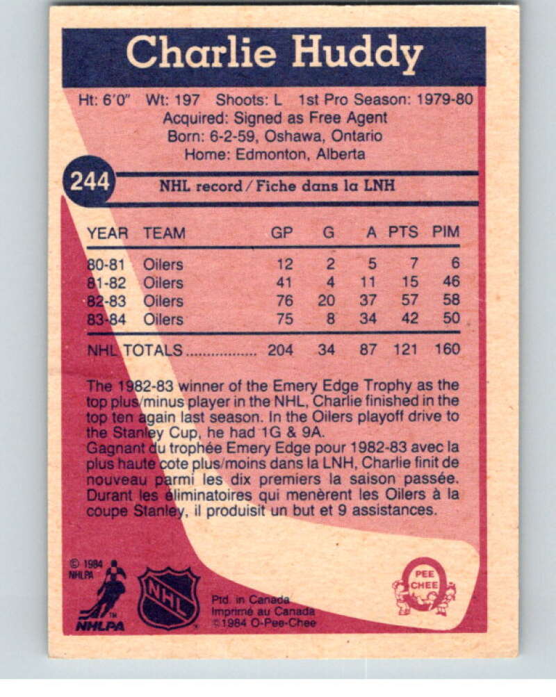 1984-85 O-Pee-Chee #244 Charlie Huddy  Edmonton Oilers  V64384 Image 2