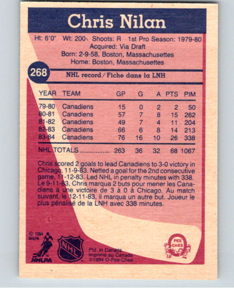 1984-85 O-Pee-Chee #268 Chris Nilan  Montreal Canadiens  V64445 Image 2