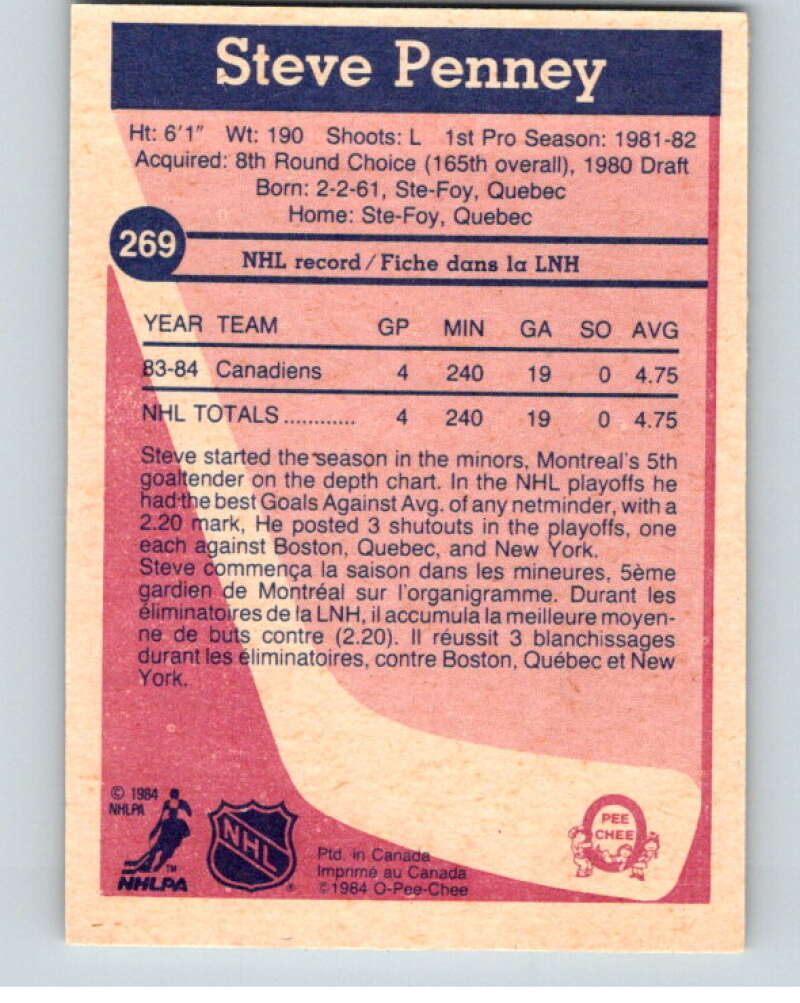 1984-85 O-Pee-Chee #269 Steve Penney  RC Rookie Montreal Canadiens  V64447 Image 2
