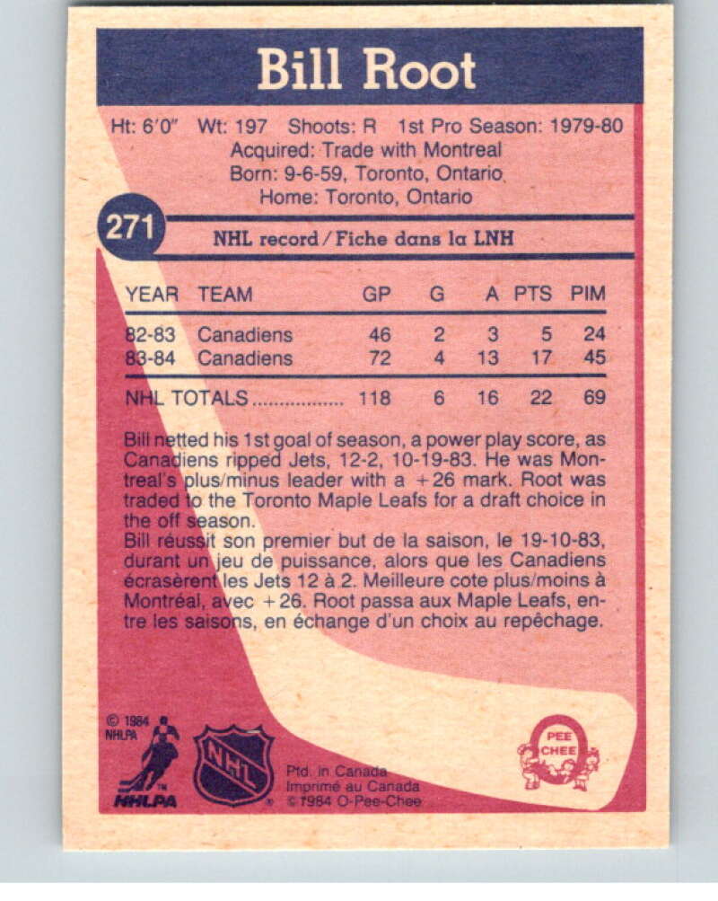1984-85 O-Pee-Chee #271 Bill Root  Montreal Canadiens  V64453 Image 2