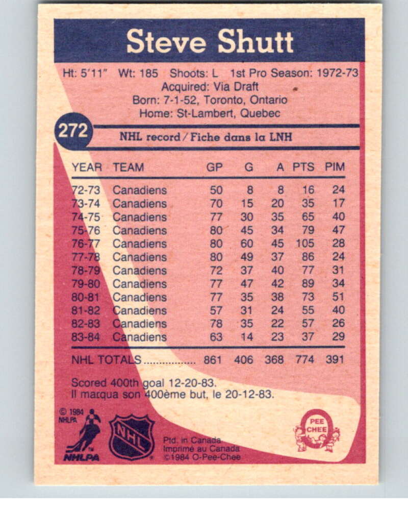 1984-85 O-Pee-Chee #272 Steve Shutt  Montreal Canadiens  V64457 Image 2