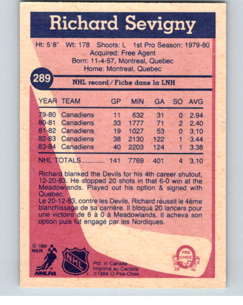 1984-85 O-Pee-Chee #289 Richard Sevigny  Quebec Nordiques  V64505 Image 2