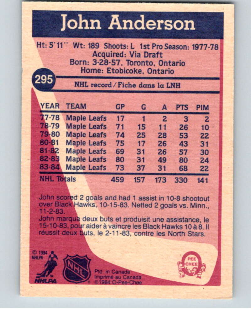 1984-85 O-Pee-Chee #295 John Anderson  Toronto Maple Leafs  V64521 Image 2