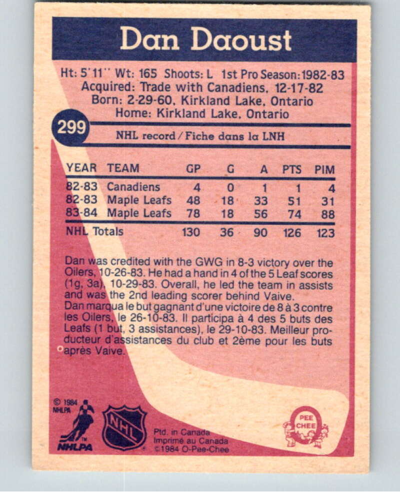 1984-85 O-Pee-Chee #299 Dan Daoust  Toronto Maple Leafs  V64530 Image 2