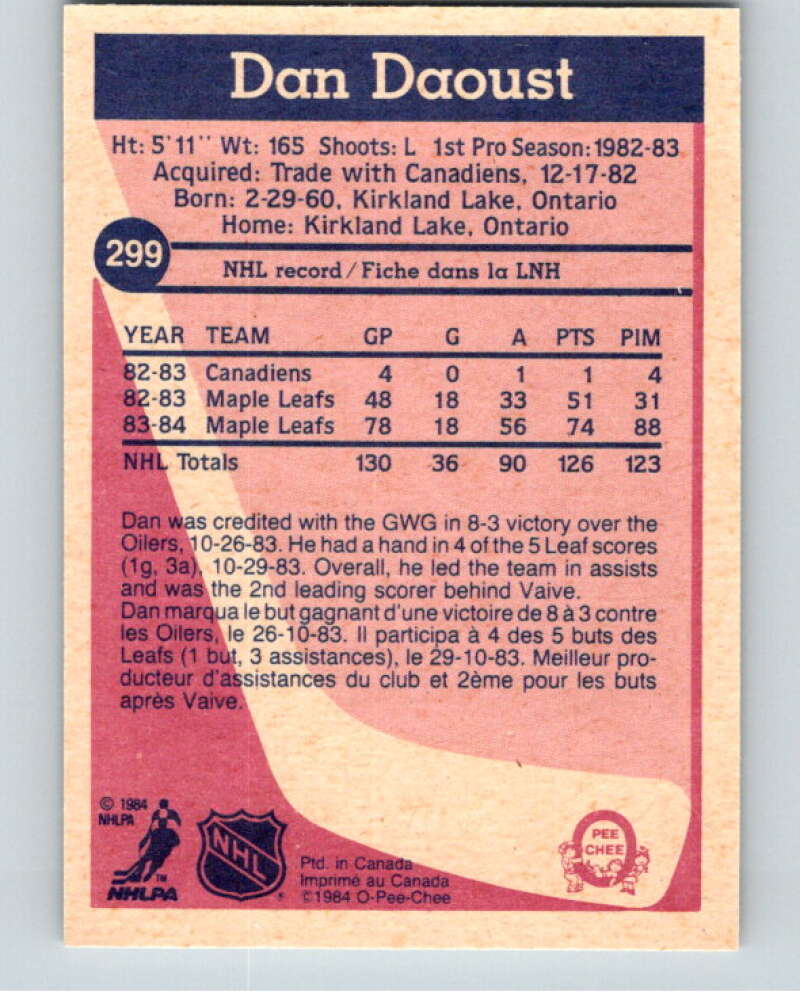 1984-85 O-Pee-Chee #299 Dan Daoust  Toronto Maple Leafs  V64531 Image 2
