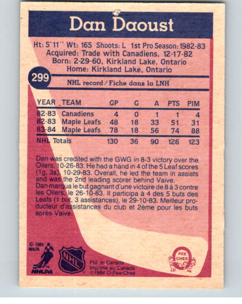 1984-85 O-Pee-Chee #299 Dan Daoust  Toronto Maple Leafs  V64532 Image 2