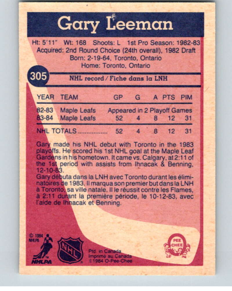1984-85 O-Pee-Chee #305 Gary Leeman  RC Rookie Toronto Maple Leafs  V64549 Image 2