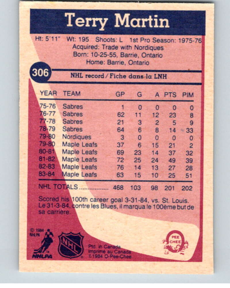 1984-85 O-Pee-Chee #306 Terry Martin  Toronto Maple Leafs  V64551 Image 2