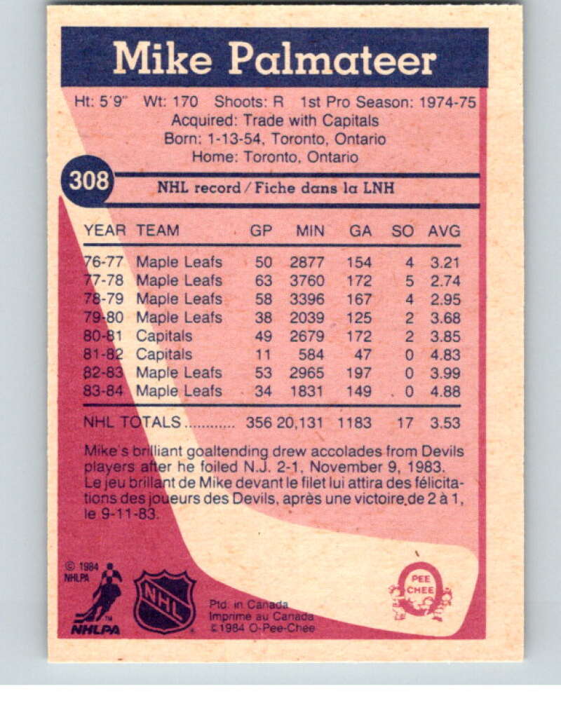 1984-85 O-Pee-Chee #308 Mike Palmateer  Toronto Maple Leafs  V64561 Image 2