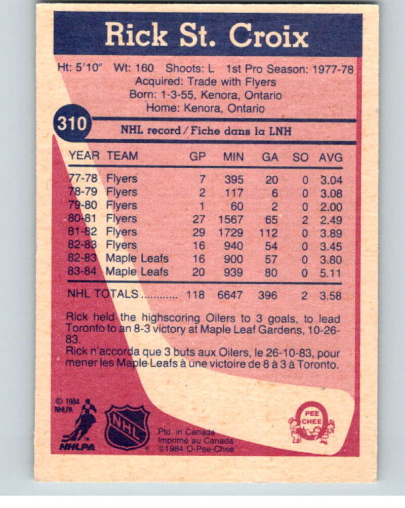 1984-85 O-Pee-Chee #310 Rick St. Croix  Toronto Maple Leafs  V64565 Image 2