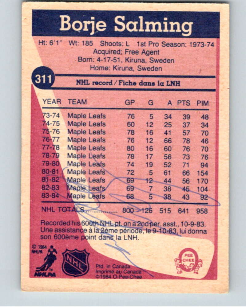 1984-85 O-Pee-Chee #311 Borje Salming  Toronto Maple Leafs  V64567 Image 2