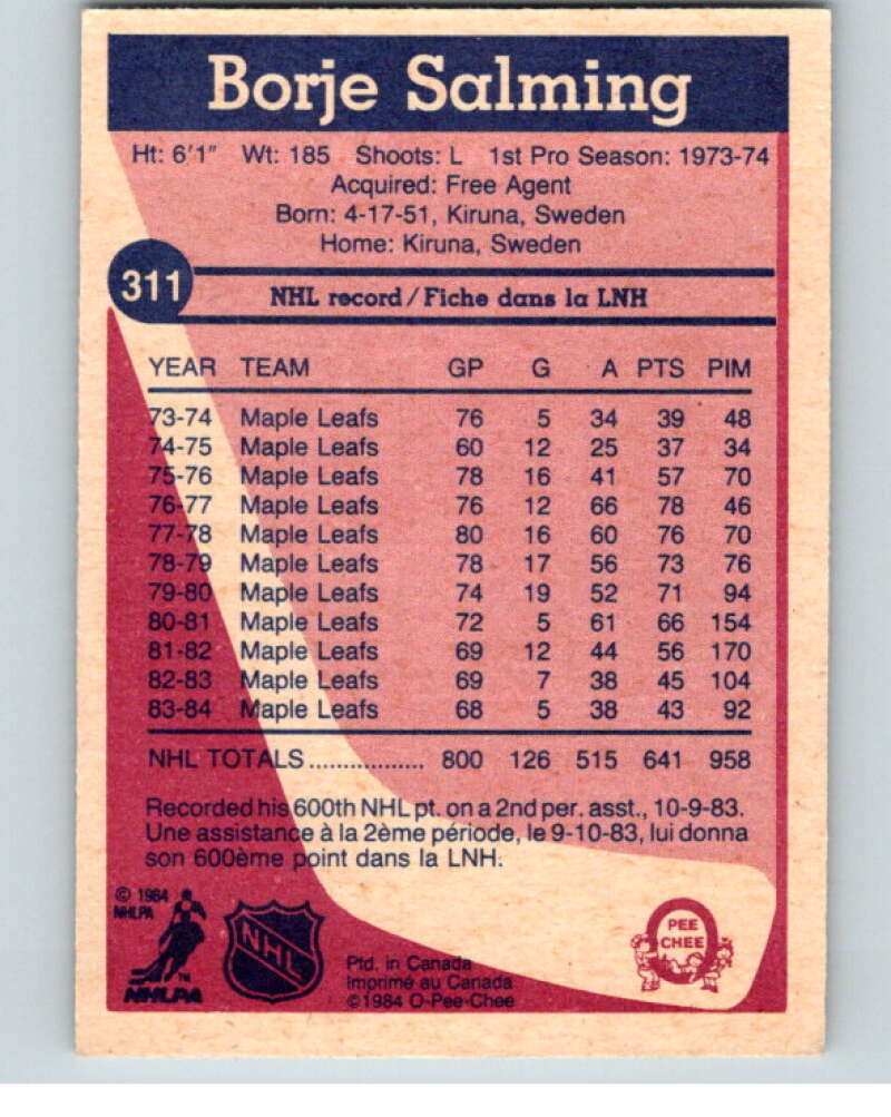 1984-85 O-Pee-Chee #311 Borje Salming  Toronto Maple Leafs  V64568 Image 2