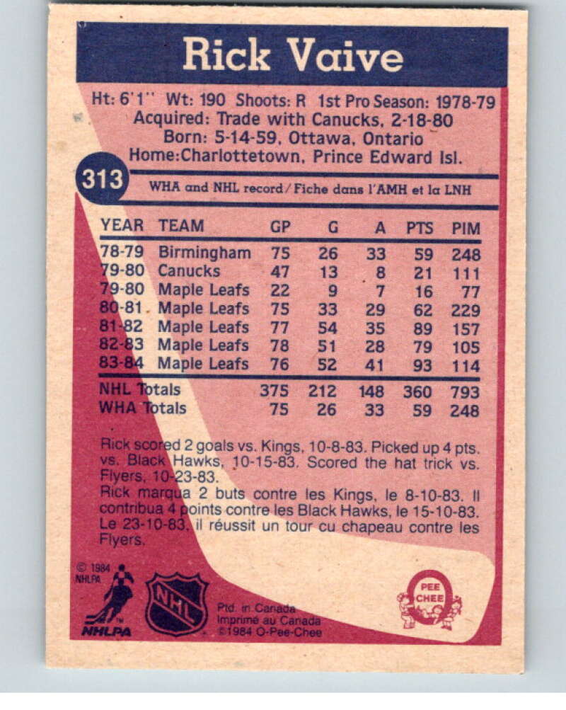 1984-85 O-Pee-Chee #313 Rick Vaive  Toronto Maple Leafs  V64576 Image 2
