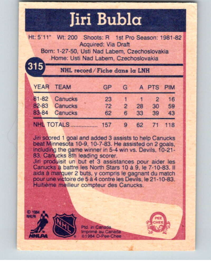 1984-85 O-Pee-Chee #315 Jiri Bubla  Vancouver Canucks  V64584 Image 2