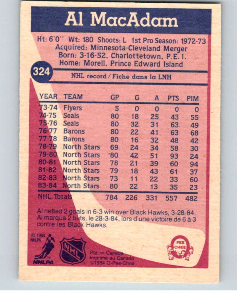1984-85 O-Pee-Chee #324 Al MacAdam  Vancouver Canucks  V64616 Image 2