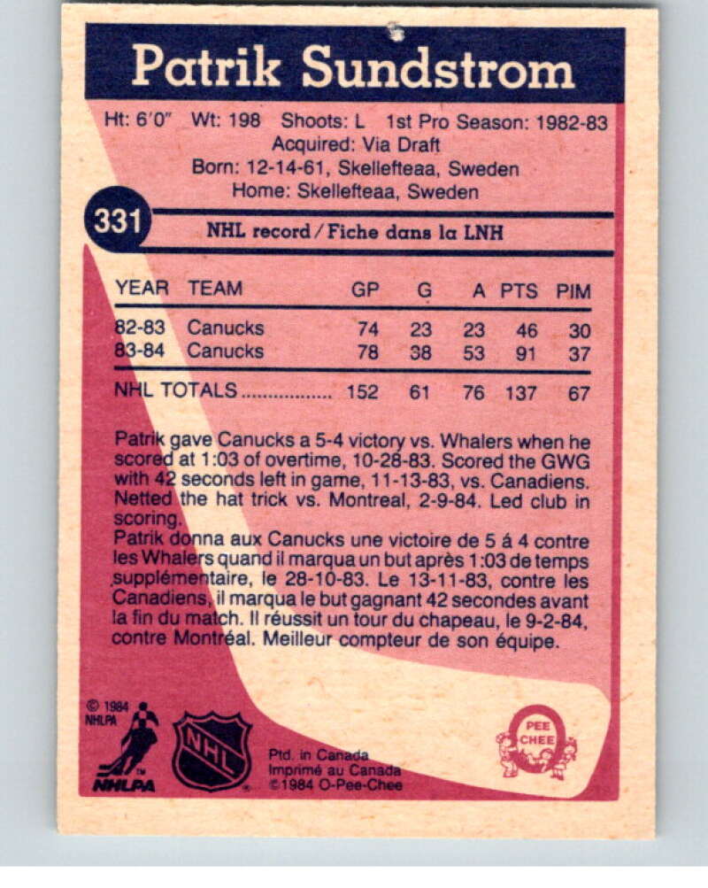 1984-85 O-Pee-Chee #331 Patrik Sundstrom  Vancouver Canucks  V64629 Image 2