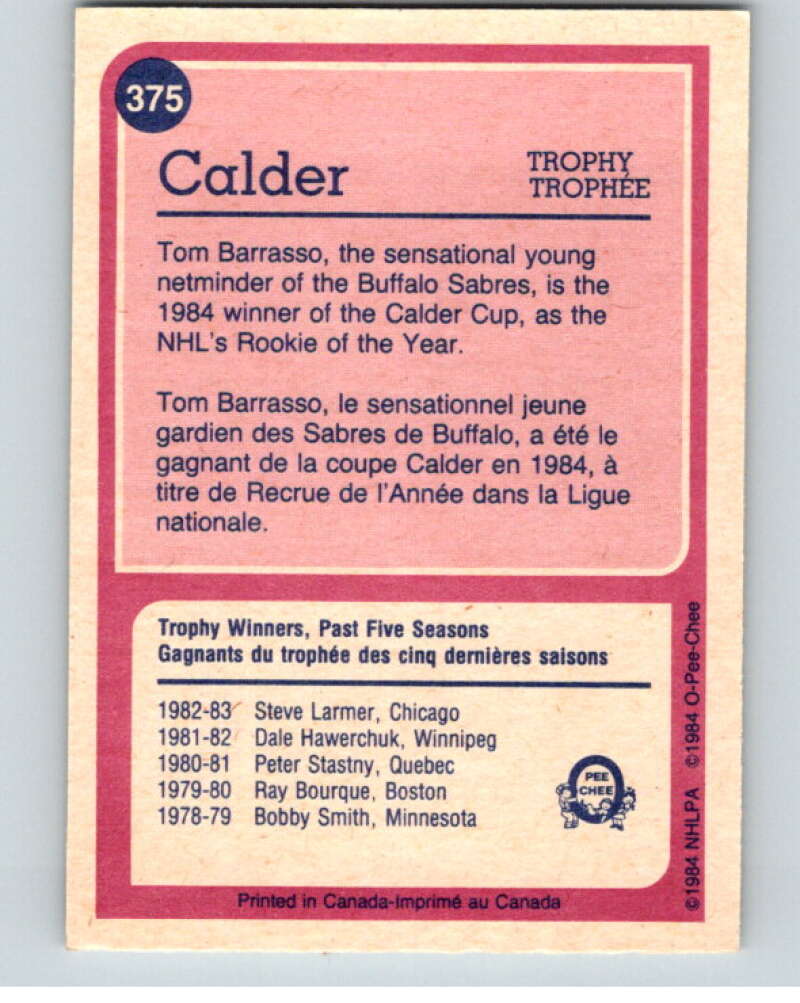 1984-85 O-Pee-Chee #375 Tom Barrasso TR  Buffalo Sabres  V64739 Image 2