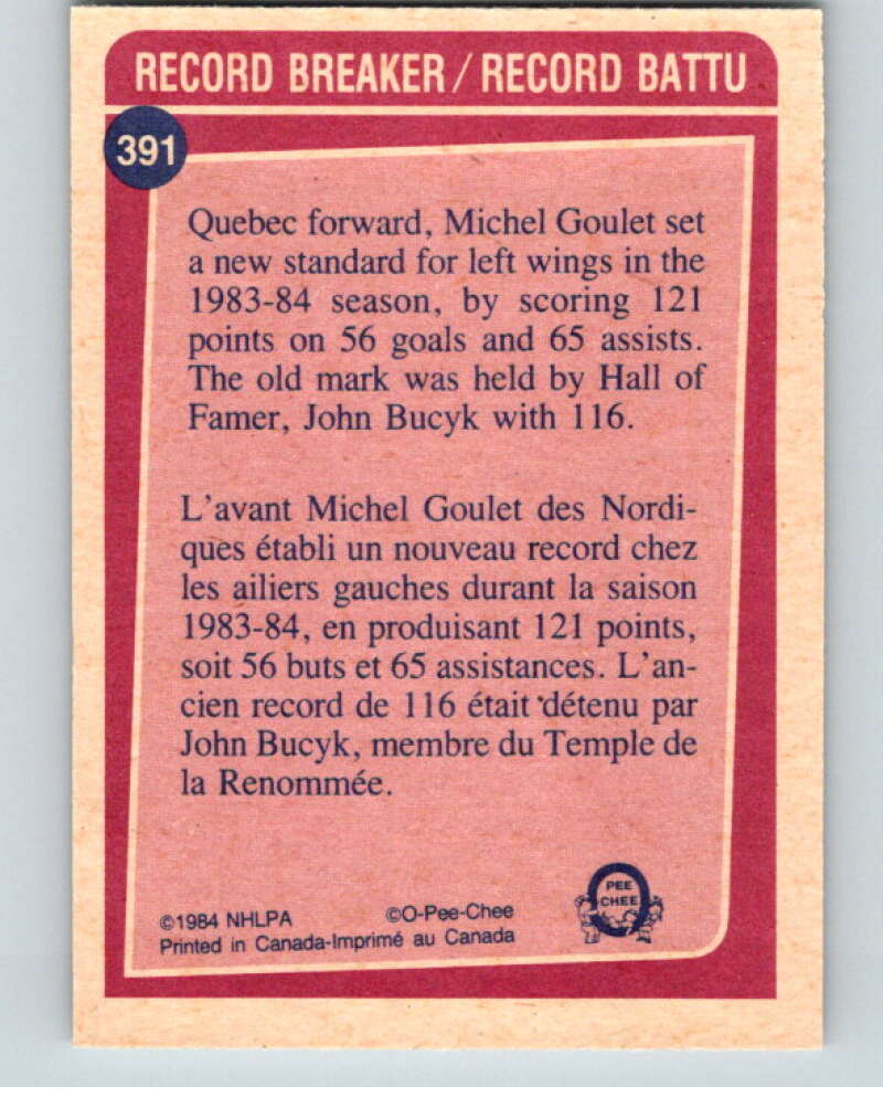 1984-85 O-Pee-Chee #391 Michel Goulet RB  Quebec Nordiques  V64764 Image 2