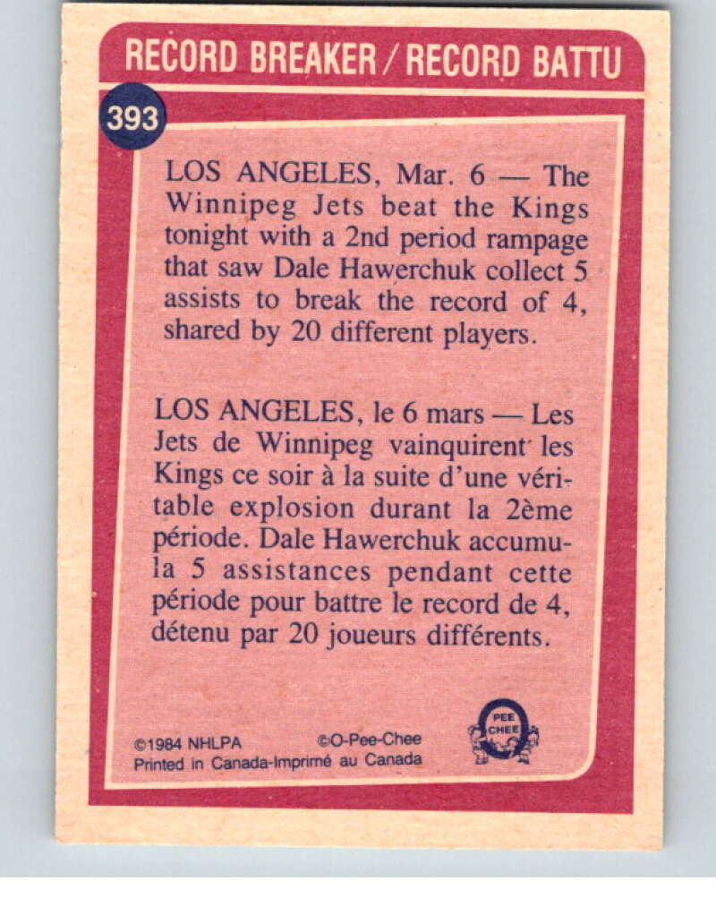 1984-85 O-Pee-Chee #393 Dale Hawerchuk RB  Winnipeg Jets  V64772 Image 2