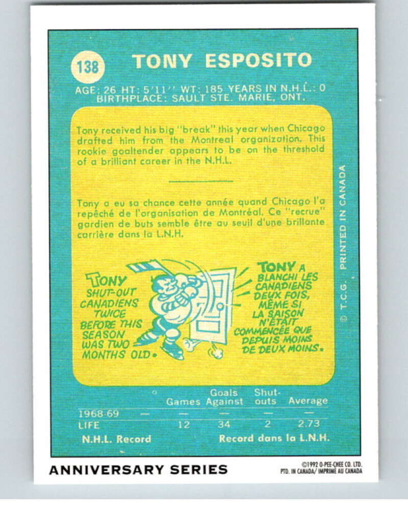 1992-93 O-Pee-Chee 25th Anniversary Inserts #2 Tony Esposito   V65035 Image 2