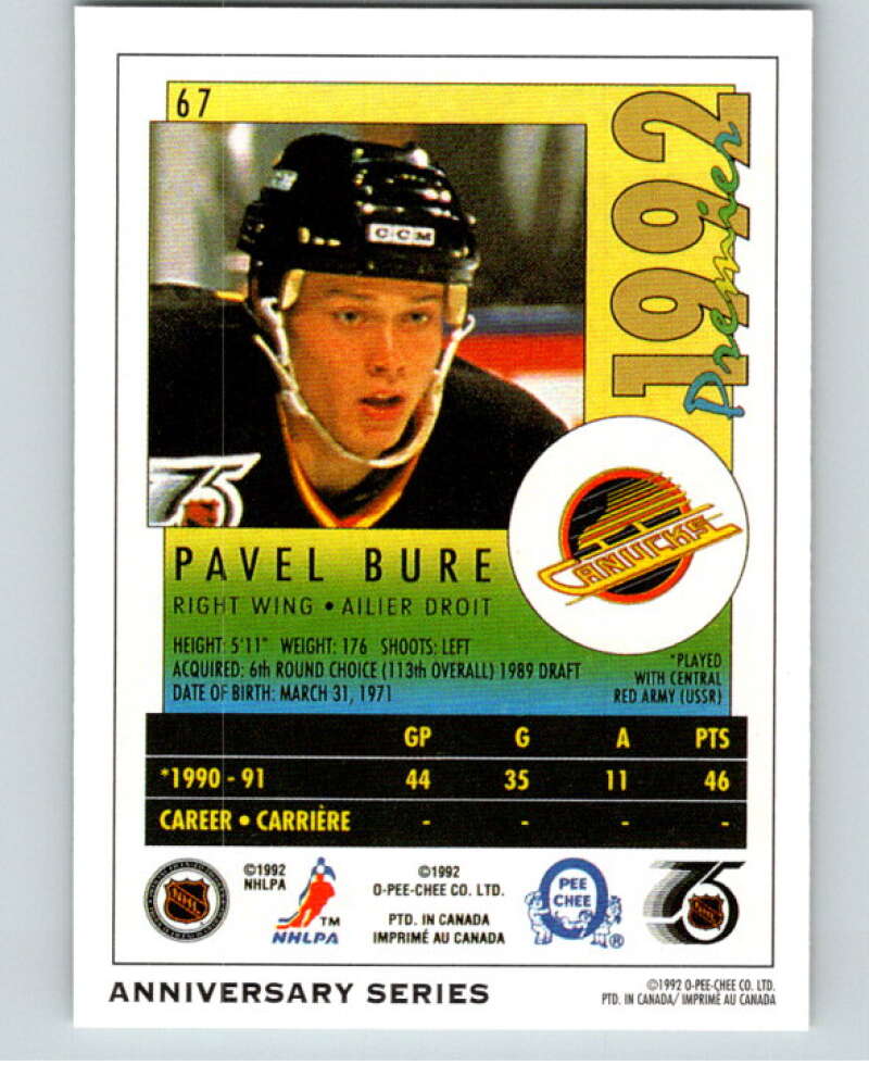 1992-93 O-Pee-Chee 25th Anniversary Inserts #25 Pavel Bure   V65119 Image 2