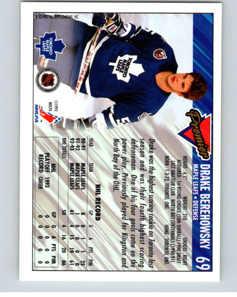 1993-94 Topps Premier Gold #69 Drake Berehowsky  Toronto Maple Leafs  V65205 Image 2