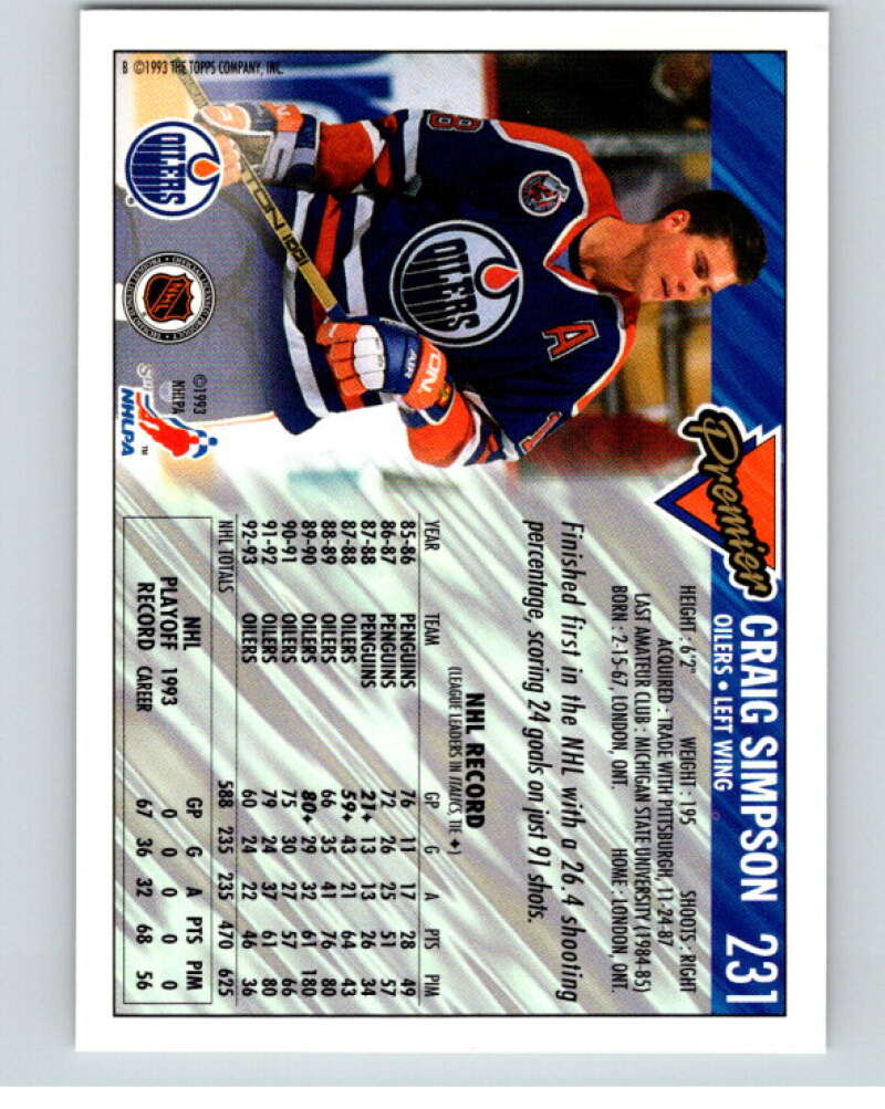 1993-94 Topps Premier Gold #231 Craig Simpson  Edmonton Oilers  V65233 Image 2